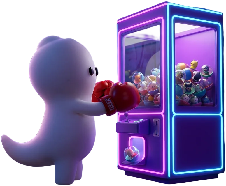 The SP0RMZ mascot playing a neon claw machine full of capsules