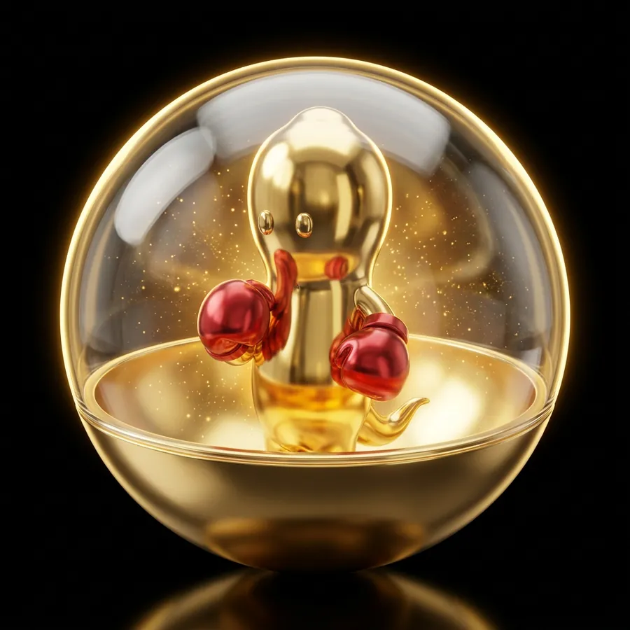 A Golden SP0RMZ: a solid gold mascot inside a glowing glass capsule
