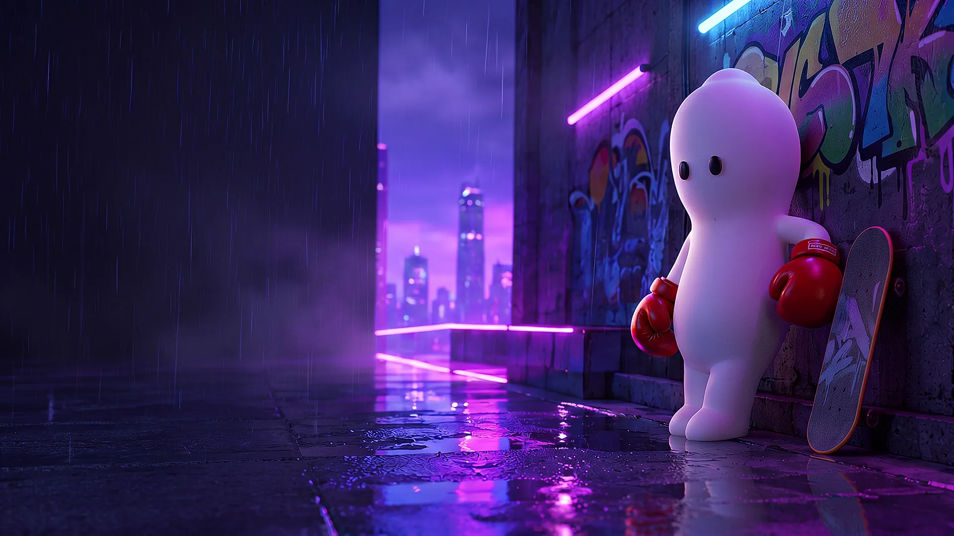 The SP0RMZ mascot, a white vinyl toy with red boxing gloves, leaning on a graffiti wall in a rainy neon alley