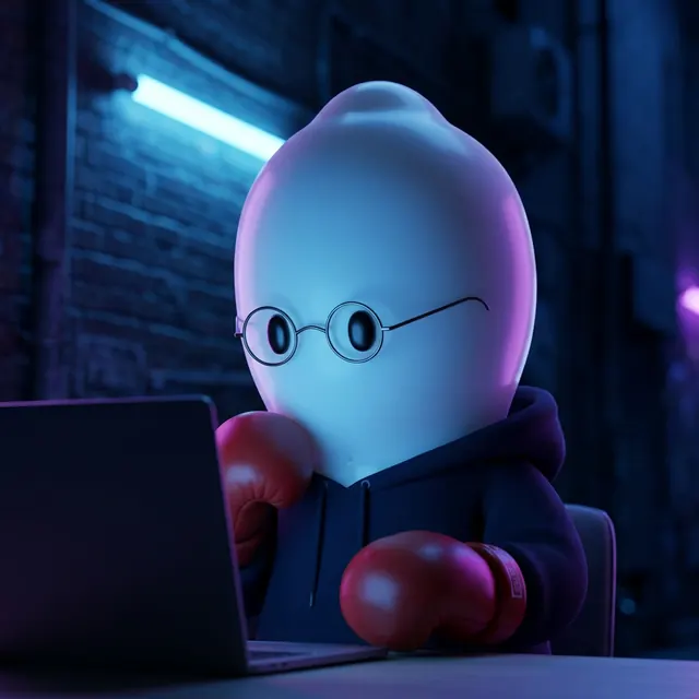 ender, mascot avatar with round glasses and a hoodie at a laptop