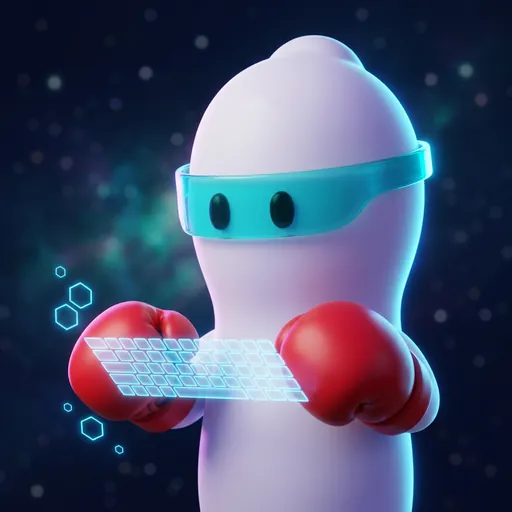 Mascot avatar for ender: the SP0RMZ in a cyan visor typing on a holographic keyboard.