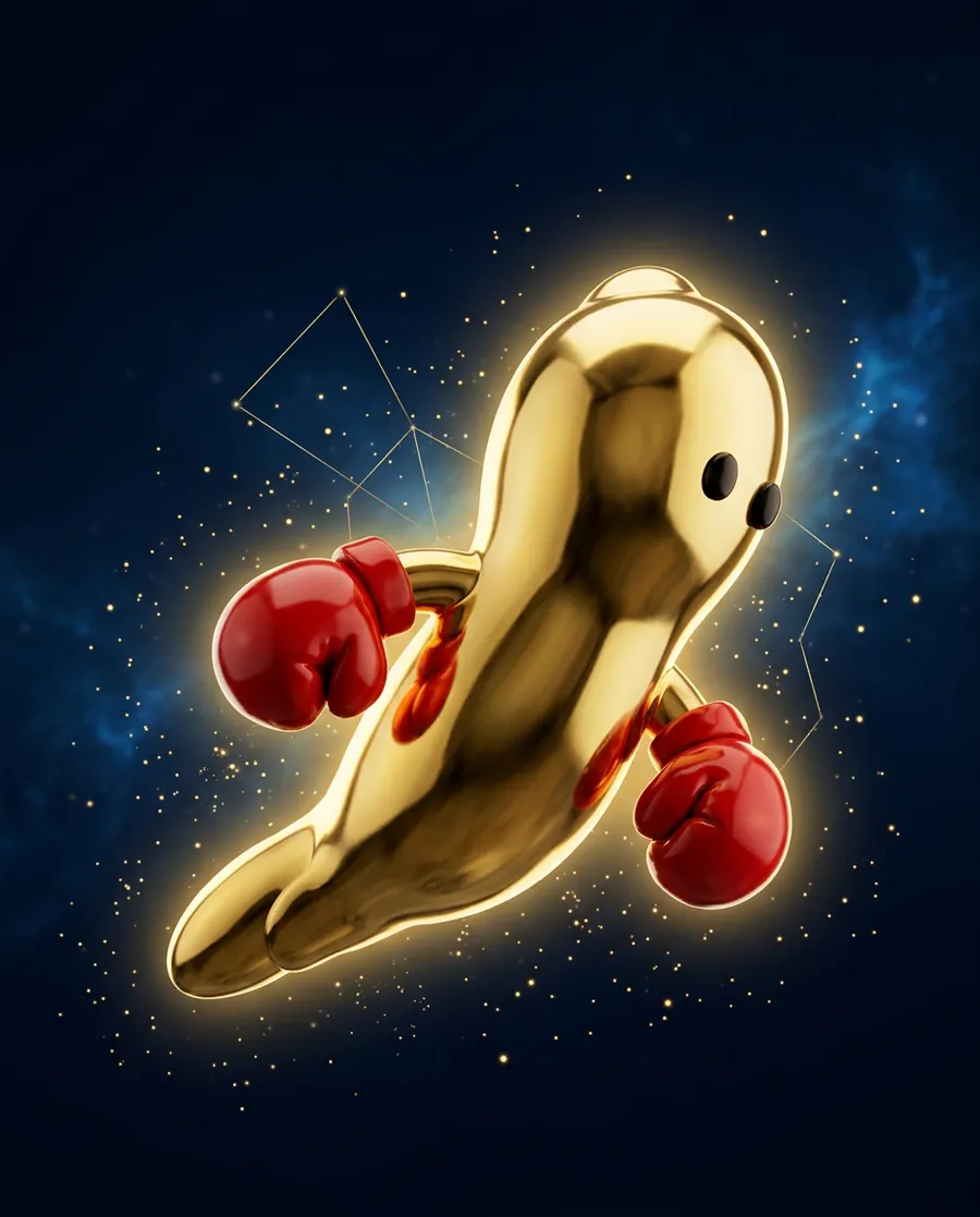 A Golden SP0RMZ: the mascot cast in polished gold, red gloves on, glowing in deep space.