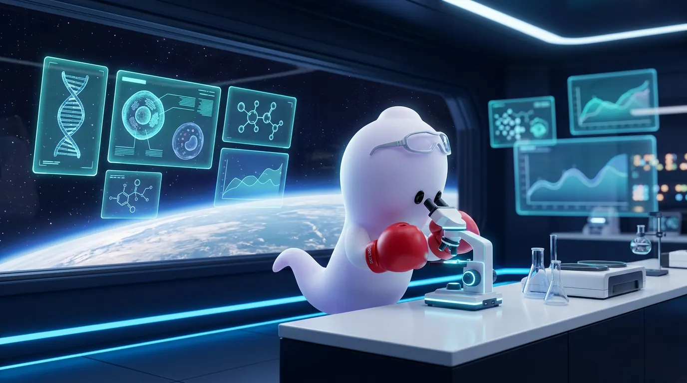 The SP0RMZ mascot in safety goggles and red boxing gloves peers into a microscope in an orbital lab, surrounded by holographic DNA and cell scans, Earth in the window.