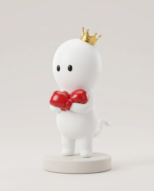 Mascot figurine with a tilted gold crown and crossed red gloves, standing on a clay pedestal